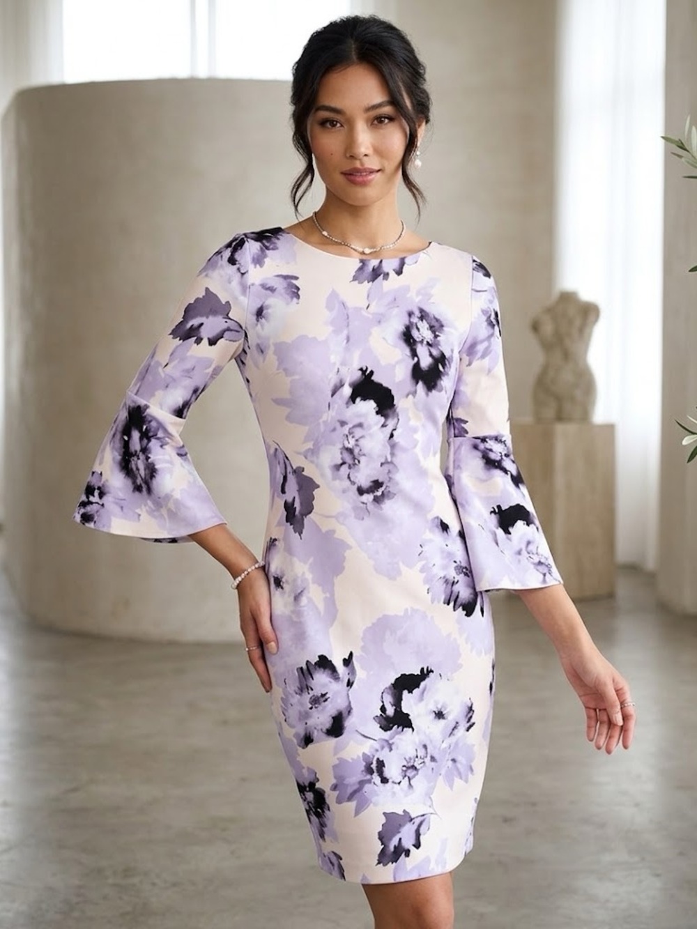 #121 Calvin Klein Cream Purple and Black Floral Bell  Sleeve Dress Size 12